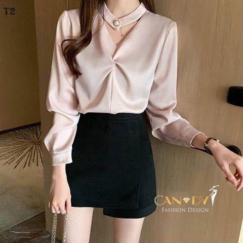 Áo sơ mi nữ kiểu công sở dài tay form suông phong cách hàn quốc thiết kế cách điệu T2 Candy Fashion