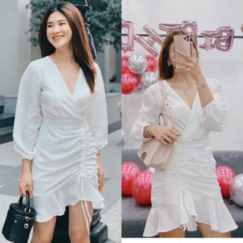 Đầm cổ V đắp chéo thân rút TRẮNG/ĐỎ  kt