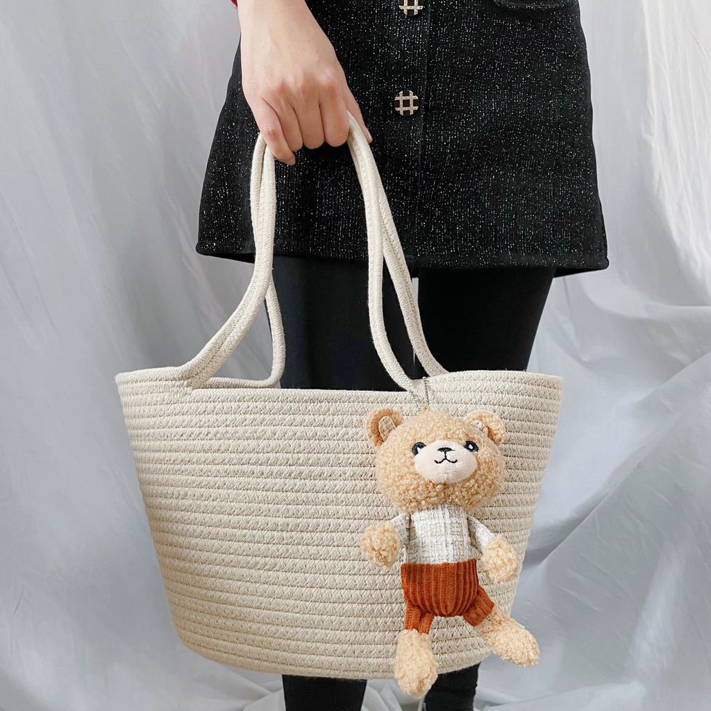 [Giảm giá nóng] Túi đeo vai cotton giản dị dễ thương mới với túi xách búp bê gấu đi nghỉ bên bờ biển