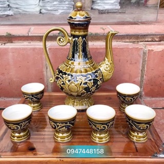 Bộ ấm chén, nậm rượu men hoàng thổ Bát Tràng ( dáng cao )