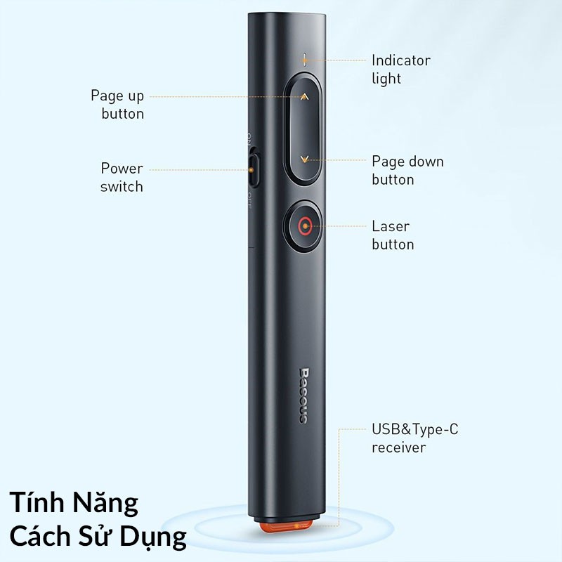 Bút Trình Chiếu Baseus Orange Dot PPT Wireless Presenter cho Macbook/ Windows/ Android Kết Nối USB Và Type-C Receiver