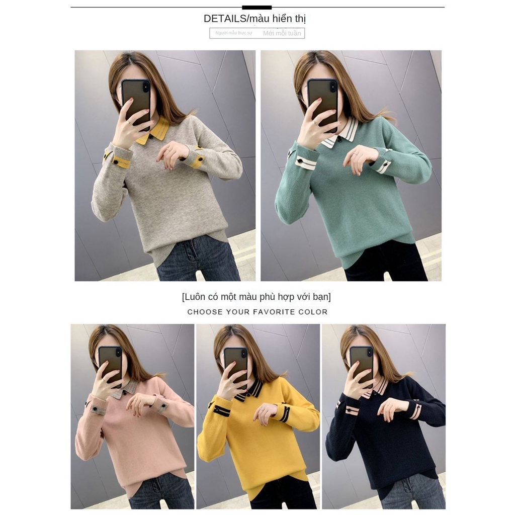Áo sweater dáng rộng cổ búp bê dễ phối đồ thời trang thu đông mới cho nữ