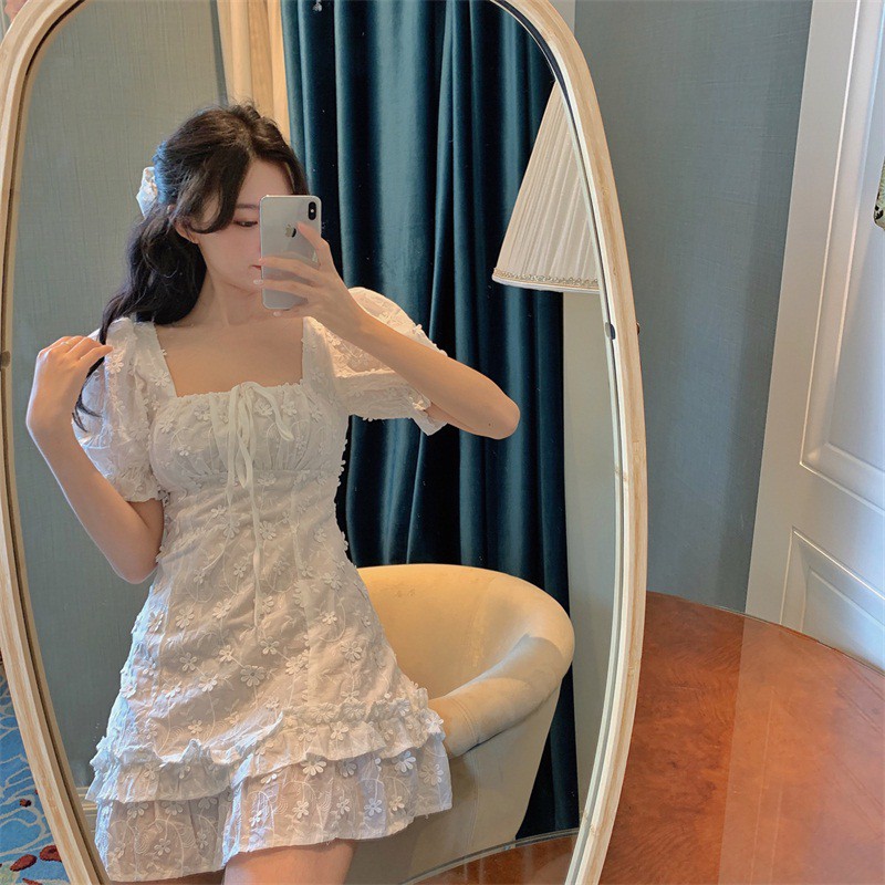 Đầm Tay Phồng Ôm Eo Cổ Vuông In Họa Tiết Hoa Nữ Tính Kiểu Hàn Quốc | BigBuy360 - bigbuy360.vn