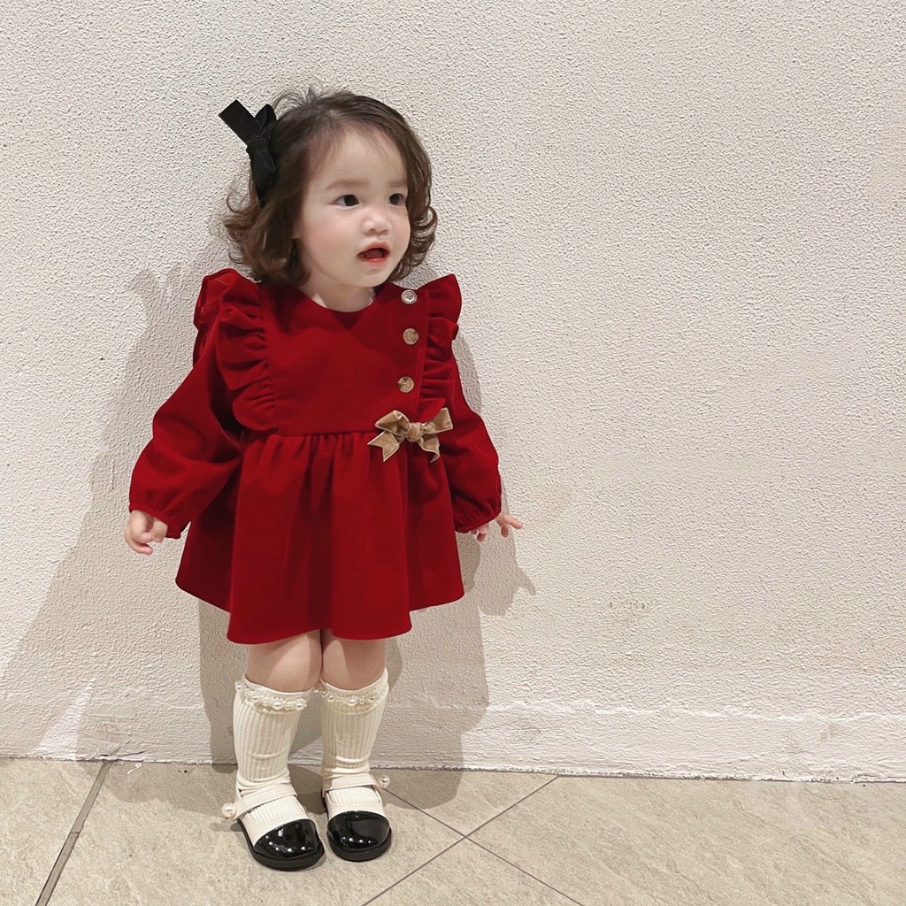 Váy Baby Doll Đỏ  Đính Nơ Cho Bé Gái MINTSCLOSET Size Từ 18-20KG  - GV0014