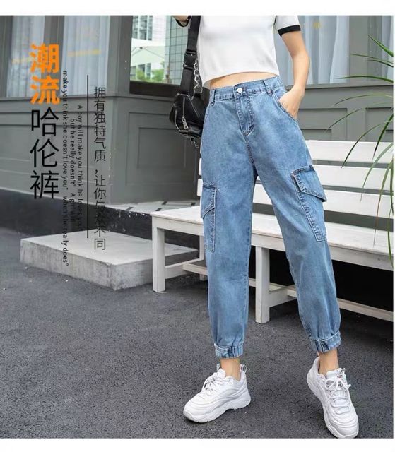 Quần baggy jeans túi hộp ống bo túm jogger cạp cao form ulzzang kèm ảnh thật