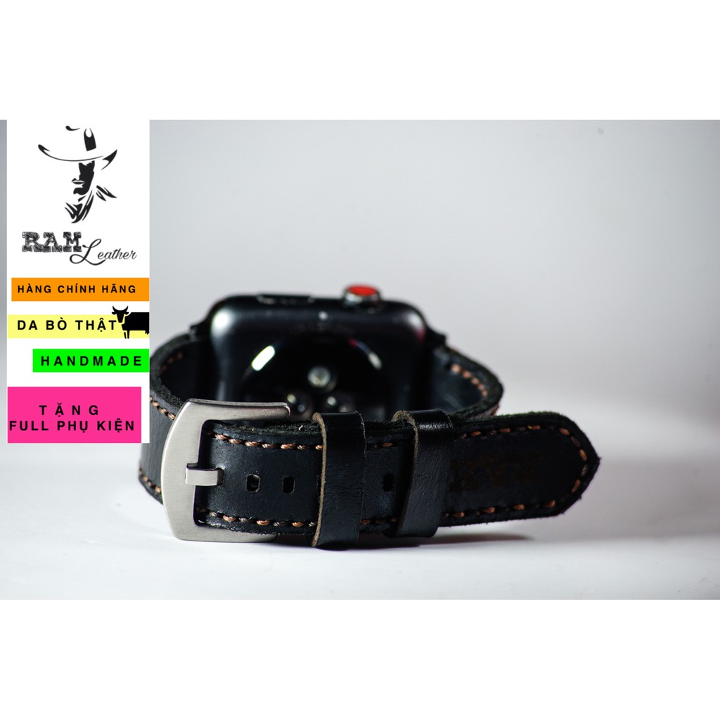 Dây đồng hồ Apple Watch , Iwatch , Iphone Watch Da Bò Đen  - Chính hãng RAM Leather  Bền Đẹp