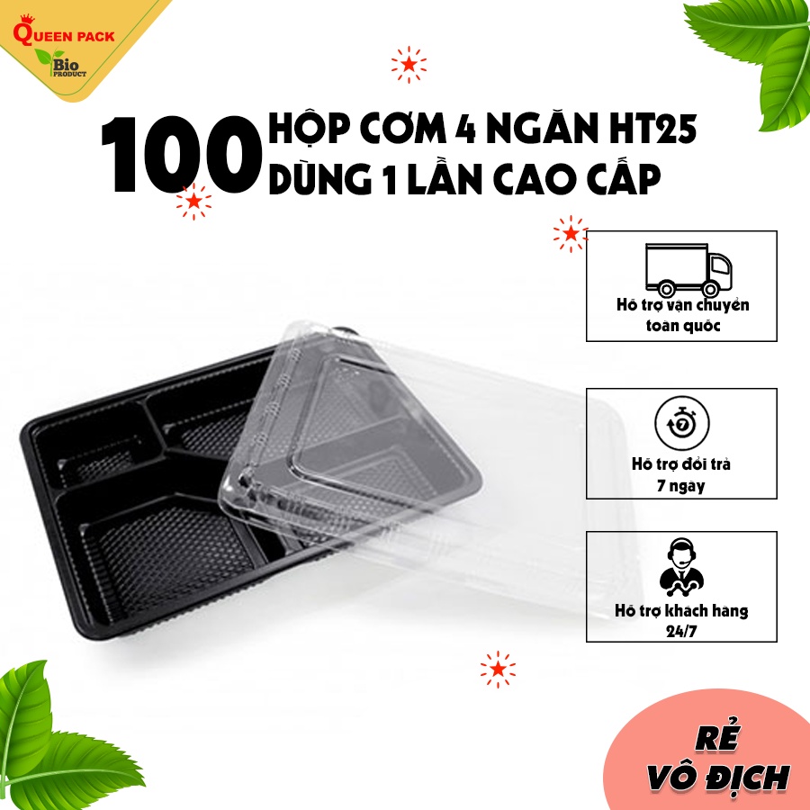 SET 100 cái hộp cơm nhựa đen 4 ngăn Mã HT25 Kèm nắp PET Trong  dùng cho văn phòng, quán ăn, nhà hàng
