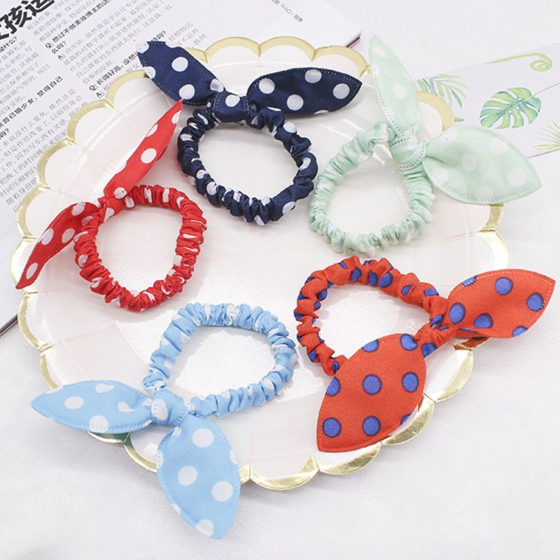 Dây Cột Tóc Vải Co Giãn Thắt Nơ Tai Thỏ In Họa Tiết Chấm Bi Dễ Thương Cho Nữ