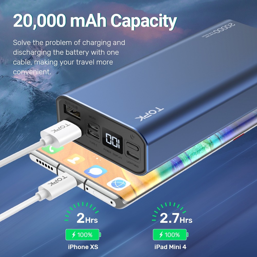 Pin Sạc Dự Phòng TOPK I2006, 20000mAh Có Màn Led báo dung lượng, input lightning