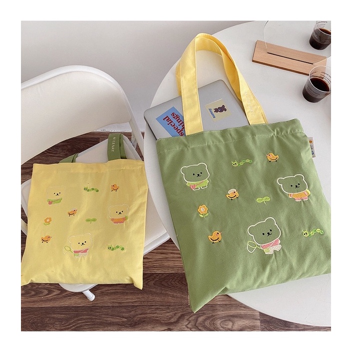 Túi tote đeo vai màu vàng và xanh lá style korea siêu xịn (hình thêu)