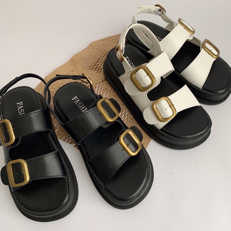 Giày Sandal Nữ Ulzzang bản cao cấp - Giày quai hậu nữ hai quai khuy vàng mẫu mới đi học mang áo dài