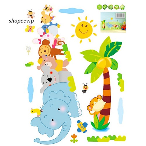 Sticker dán tường họa tiết hình rừng cây và con voi theo phong cách hoạt hình dùng trong trang trí phòng trẻ