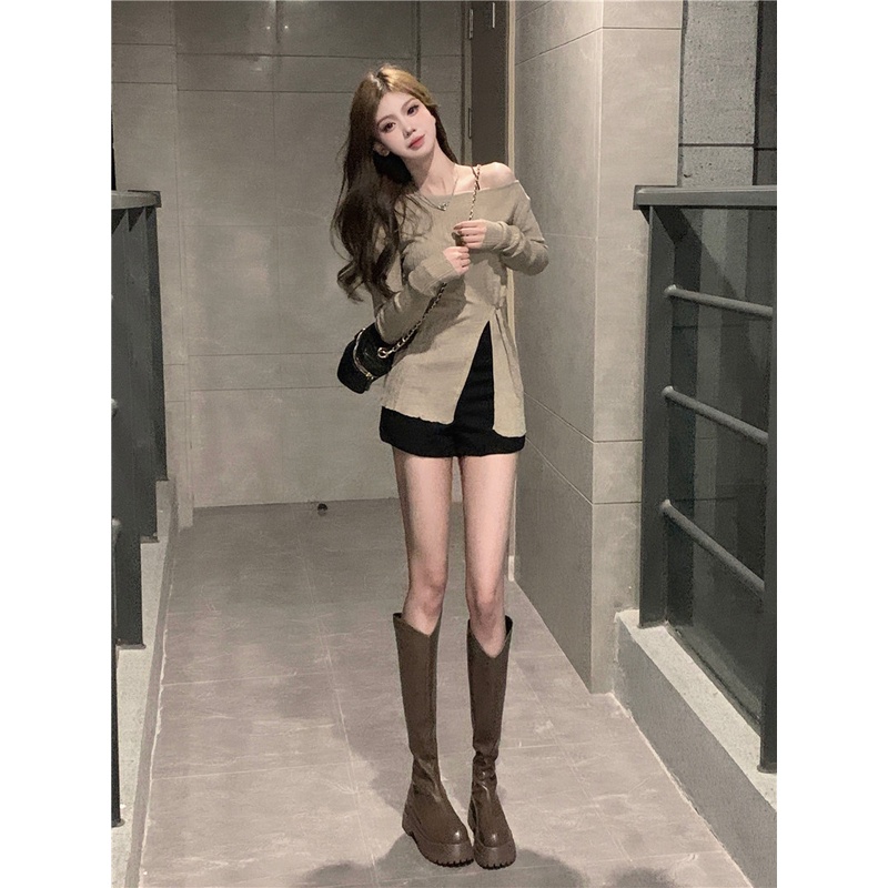 Set Áo Dệt Kim Lệch Vai + Quần Bó Sát Lưng Cao Gợi Cảm Cho Nữ