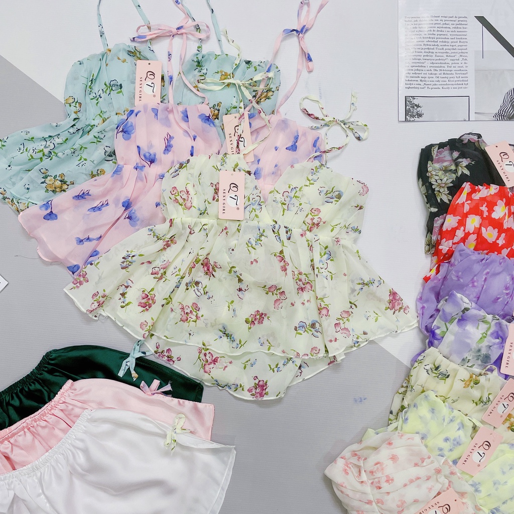 Đồ ngủ nữ Linqu Store áo 2 dây gợi cảm áo voan hoa có mút ngực, quần satin mềm mát dưới 60kg