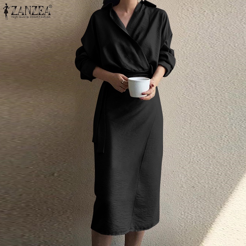 Đầm midi  ZANZEA tay dài cổ bẻ cột dây thời trang cho nữ