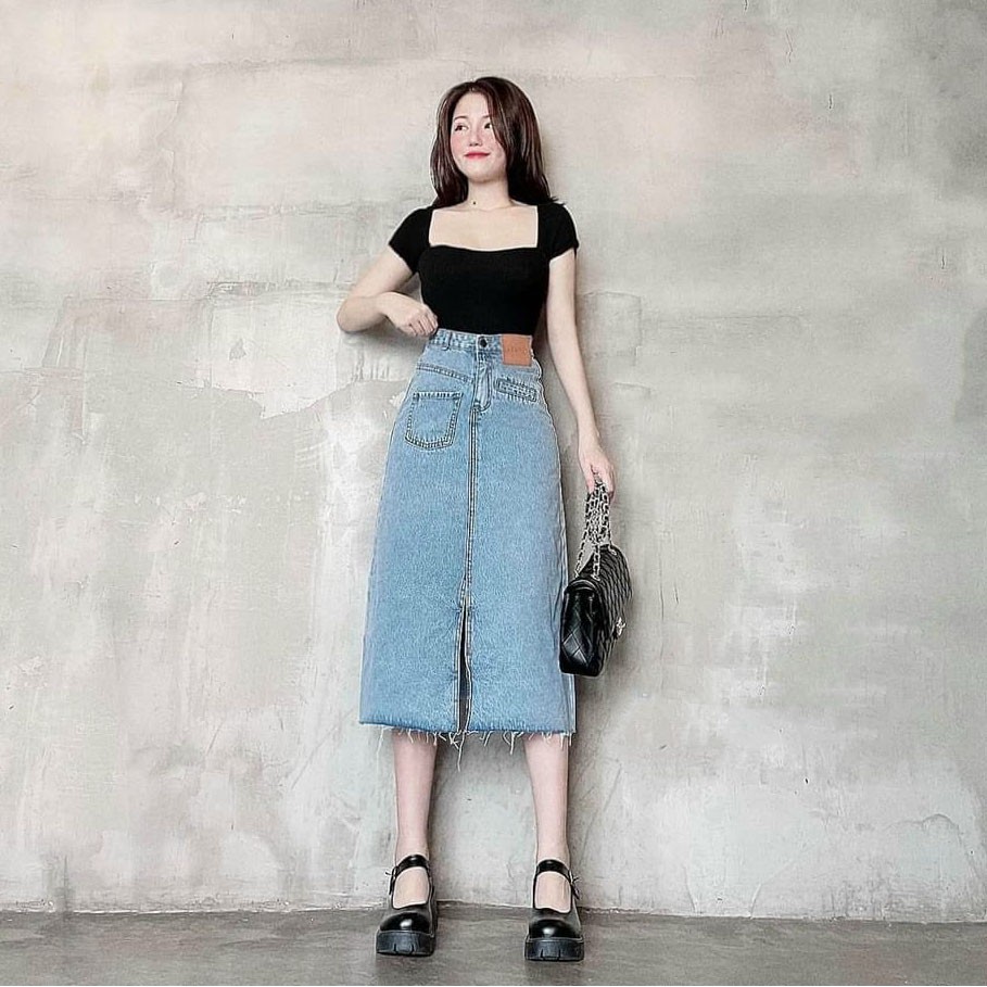 Chân Váy Jean Dài Xẻ Tà Phối TÚI LỆCH Chất Bò Màu Xanh Nhạt 527 | BigBuy360 - bigbuy360.vn