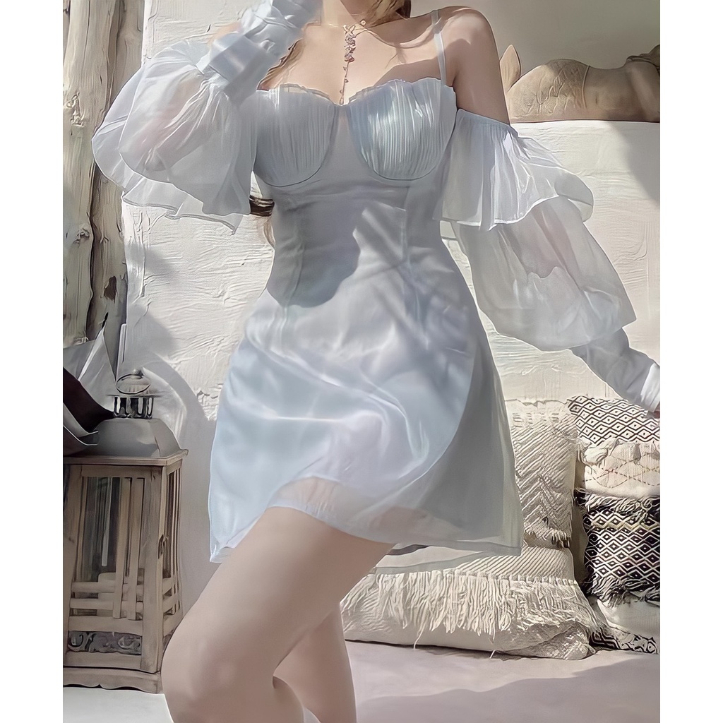 Đầm dạo phố trễ vai cúp ngực phối tay bồng chất voan tơ - cup ngực