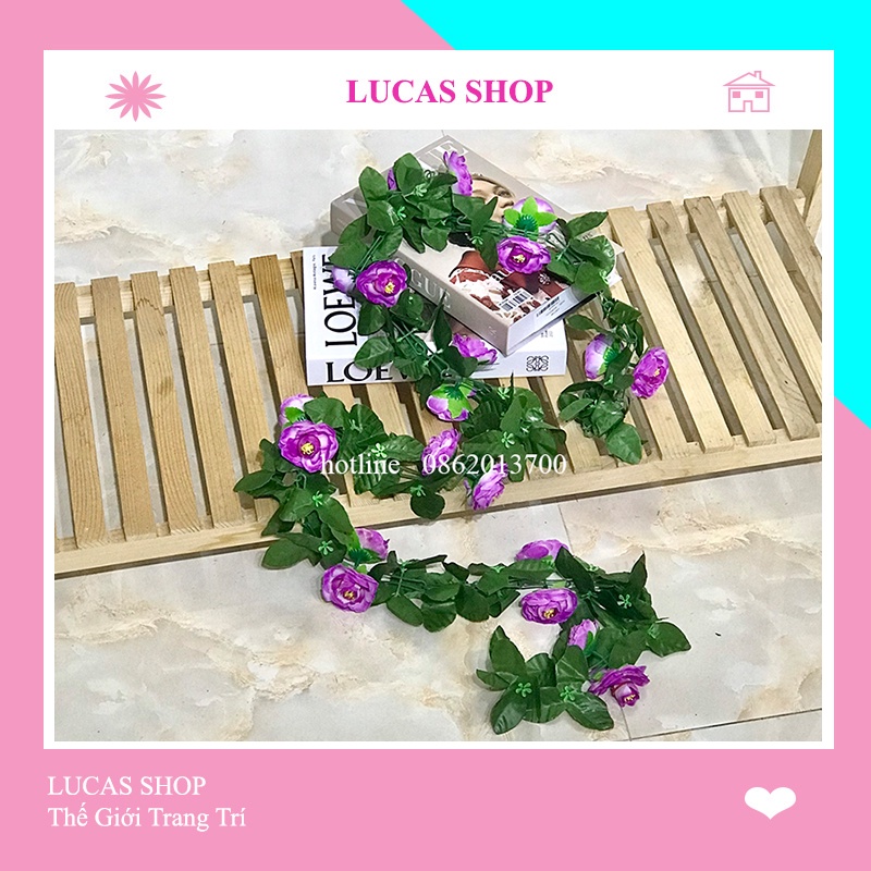 Hoa Giả - Dây Leo Hoa Hồng Trà 2m Trang Trí Tường Nhà, Quán Cafe, Studio