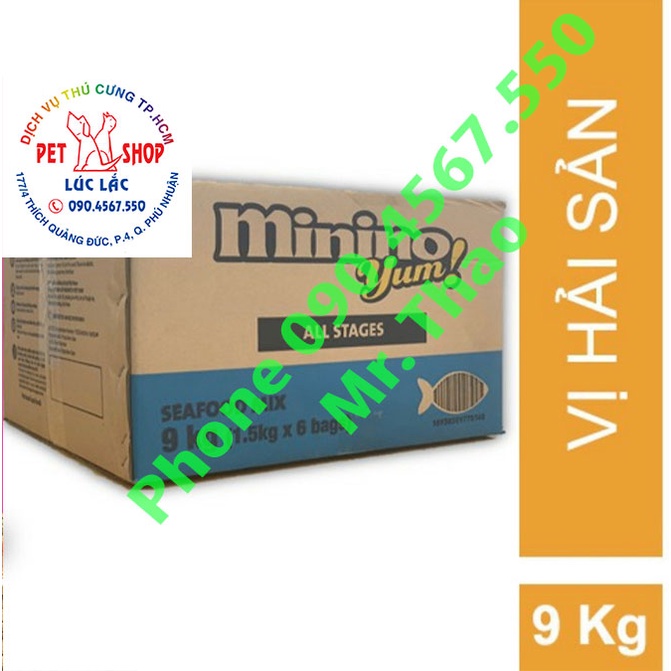 MUA 11 TẶNG 1 [9KG] Thức ăn cho mèo Minino Yum - Thức ăn cho Mèo vị Hải Sản thùng 9kg (6 túi x 1,5 kg)