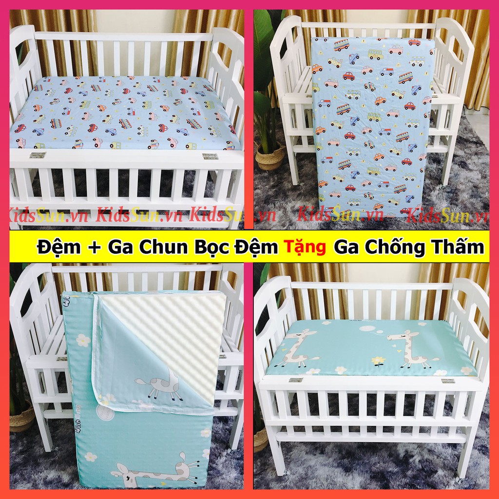 Bộ Ga Chun Bọc Đệm Cotton 100%, Đệm Bông Ép Cho Cũi Trẻ Em Nhiều Màu Sắc Tặng Ga Chống Thấm