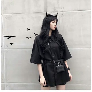 Đầm sơ mi đen thắt lưng kiểu