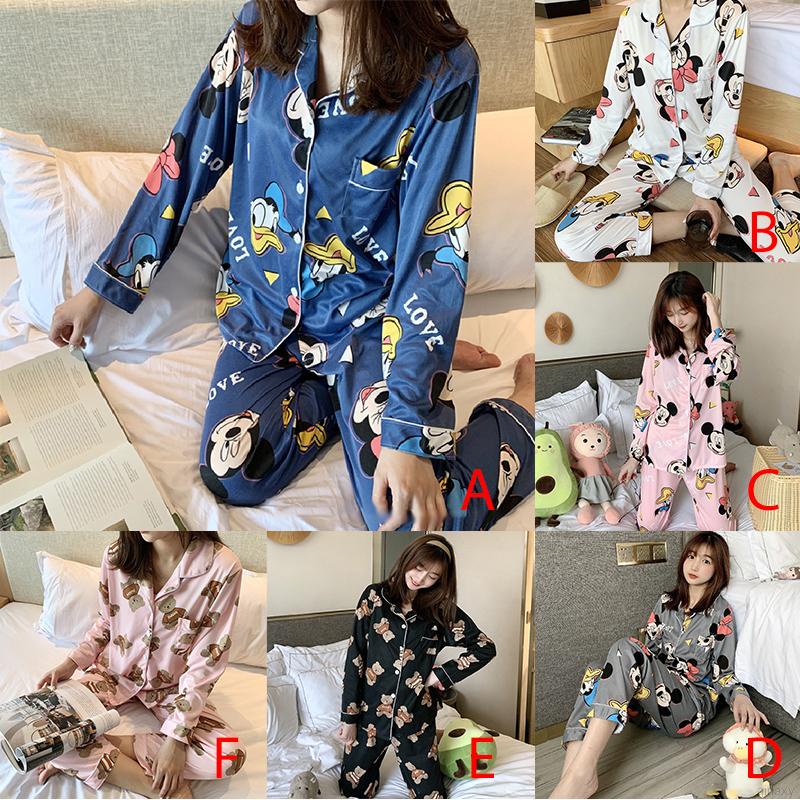 Set đồ ngủ gồm áo tay dài và quần dài in họa tiết hoạt hình phong cách Hàn Quốc xinh xắn cho nữ