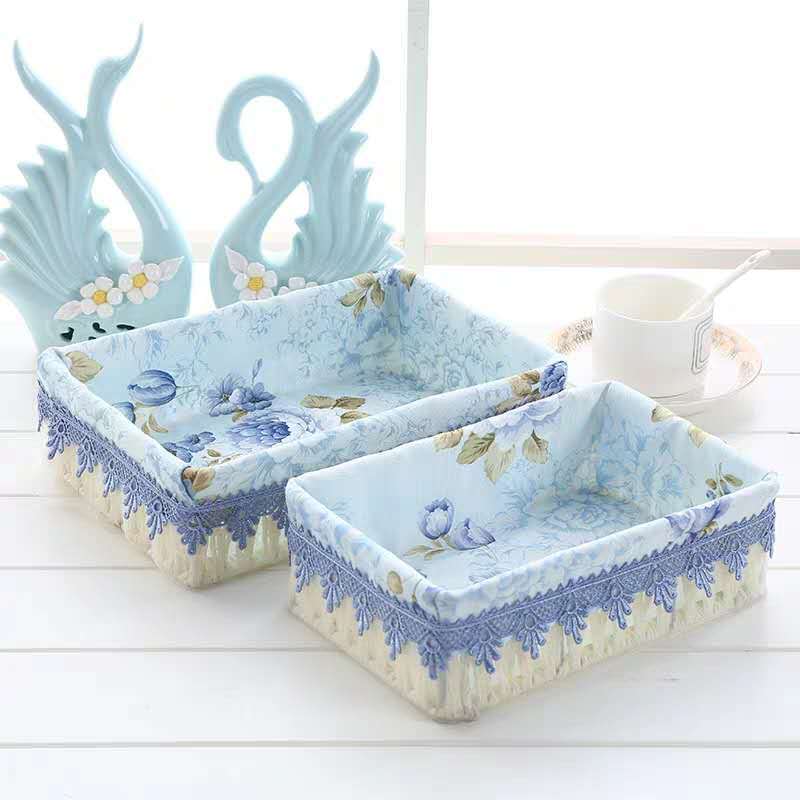 Pastoral Lovely Desktop Storage Box Cosmetics Basket Sundries Basket Lace Fabric Key Remote Control Storage Small Basket