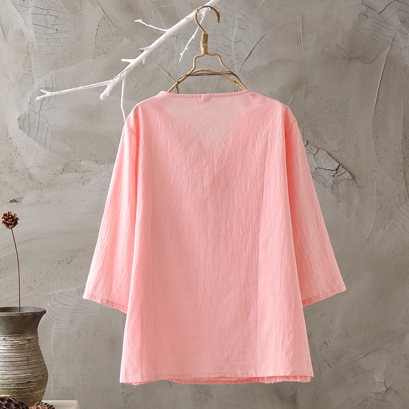 Áo Thun 100% Cotton / Linen Tay Lửng Thấm Hút Mồ Hôi Thoáng Khí Thoải Mái Phối Hàng Nút Phong Cách Dân Tộc 2020 Cho Nữ