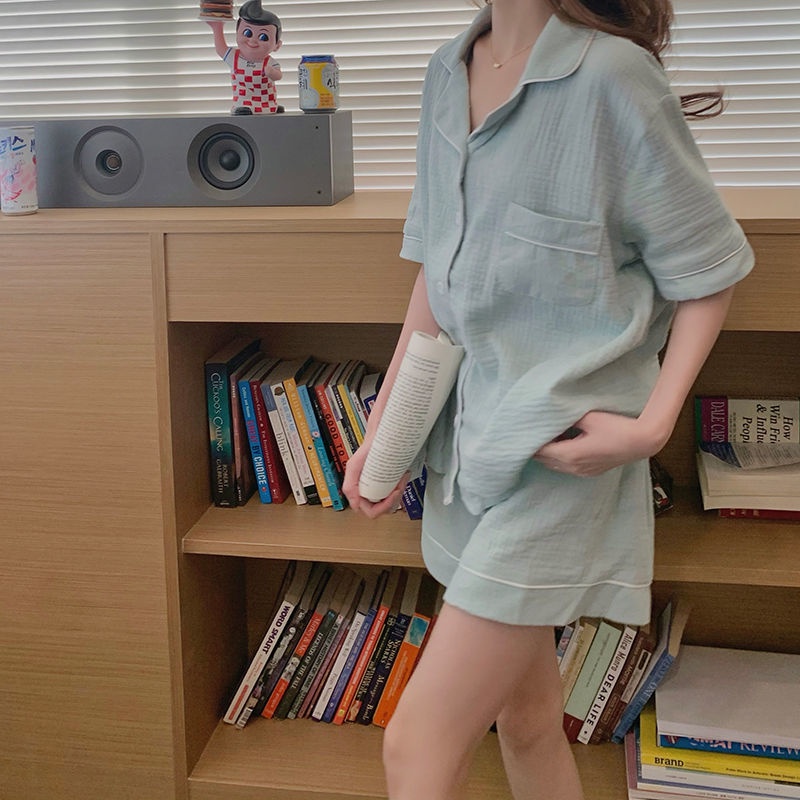 Bộ Đồ Ngủ Tay Ngắn Dáng Rộng Màu Trơn Phong Cách Hàn Quốc Thời Trang Mùa Hè Cho Nữ
