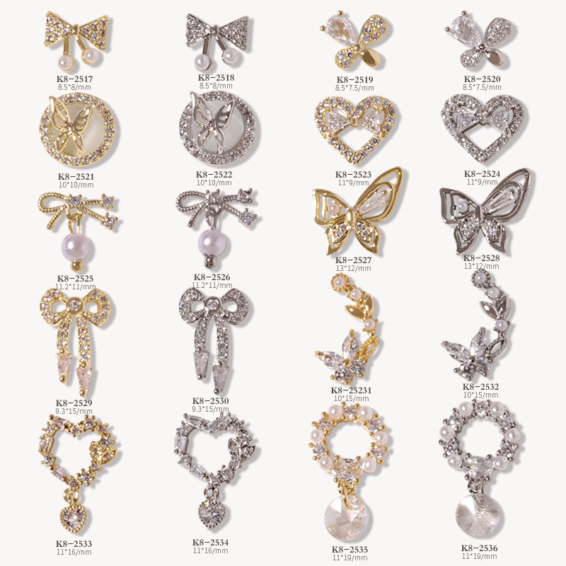 Charm đính đá zircon màu vàng/bạc sang trọng ,hàng cao cấp, charm nơ/bướm đính ngọc, phụ kiện nail