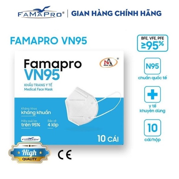 Khẩu Trang Y Tế 4 Lớp FAMAPRO VN95 [Hộp 10 Cái - Hàng Xuất Quốc Tế] Khẩu trang y tế trắng kháng khuẩn cao cấp