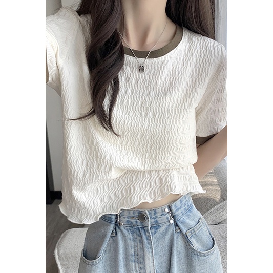 Áo Thun Chiffon Ngắn Tay Cổ Tròn Phối Bèo Màu Sắc Tương Phản Phong Cách Hàn Quốc Cho Nữ