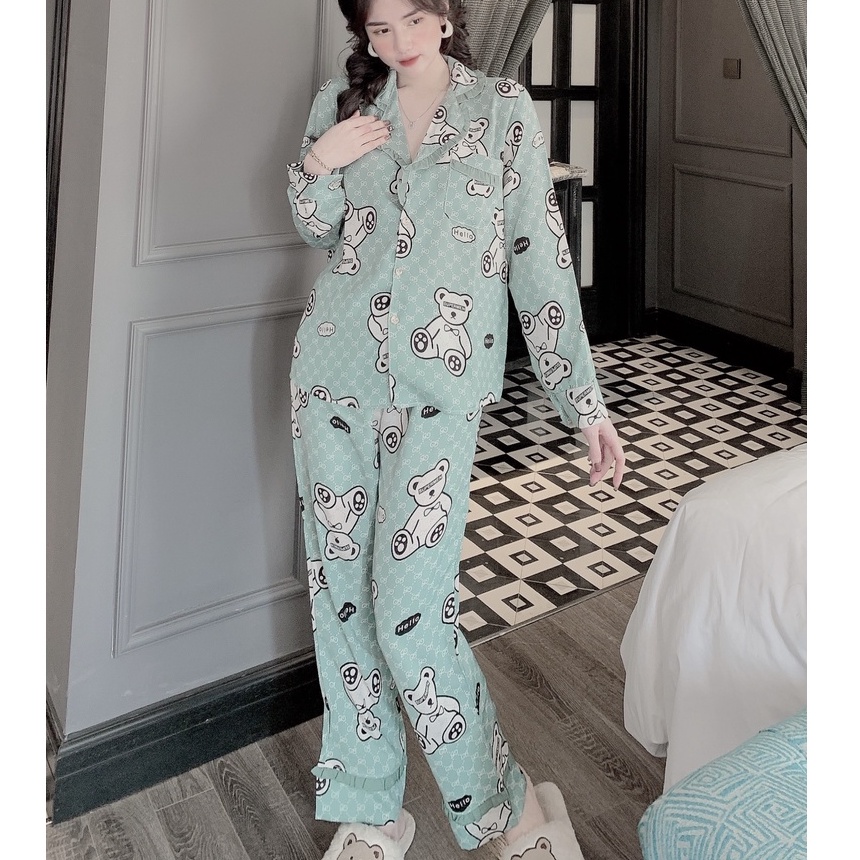 Đồ bộ nữ lụa ngủ pijama dài tay quần dài mặc nhà dễ thương JUSOKA