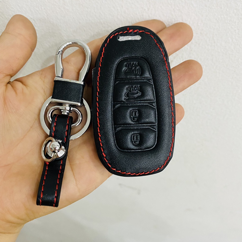Bao da Chìa Khóa Xe Accent, Kona chìa 3 nút, 4 nút mẫu đen chỉ đỏ - kèm móc treo tiện lợi