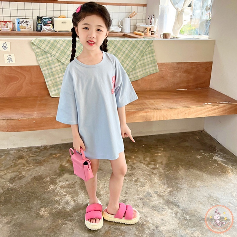 Đầm Thun Ngắn Tay Màu Sắc Trơn Thoáng Khí Thời Trang Cho Bé Gái