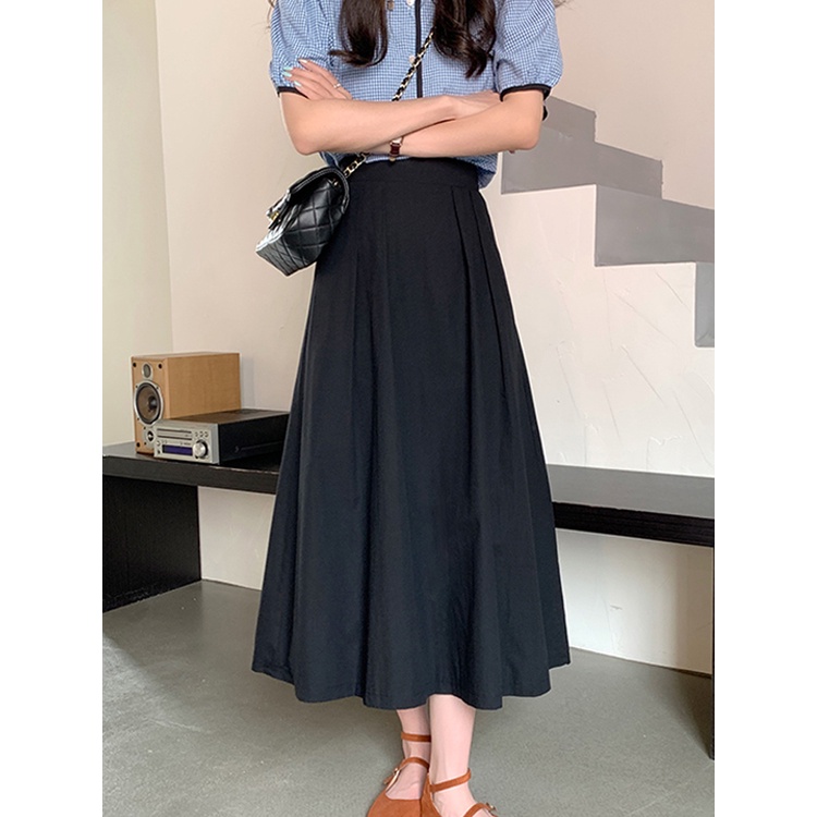 Chân váy cạp cao xòe dài xếp ly màu hồng style vintage đáng yêu mùa hè