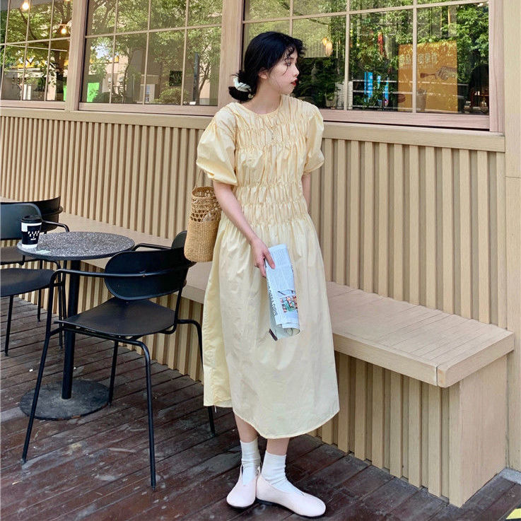 Đầm tay ngắn cổ tròn dáng ôm màu sắc đơn giản trẻ trung phong cách nhật bản