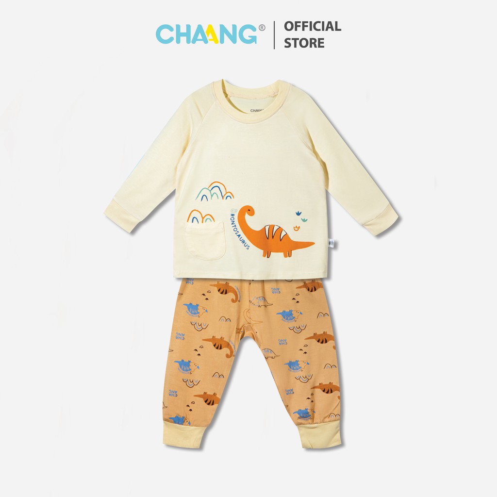 Bộ quần áo dài bé trai raglan Dino vàng CHAANG