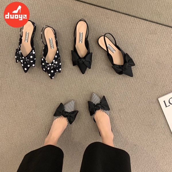 Duoya Giày Sandal Mũi Nhọn Gót Dày Đính Nơ Họa Tiết Chấm Bi Xinh Xắn