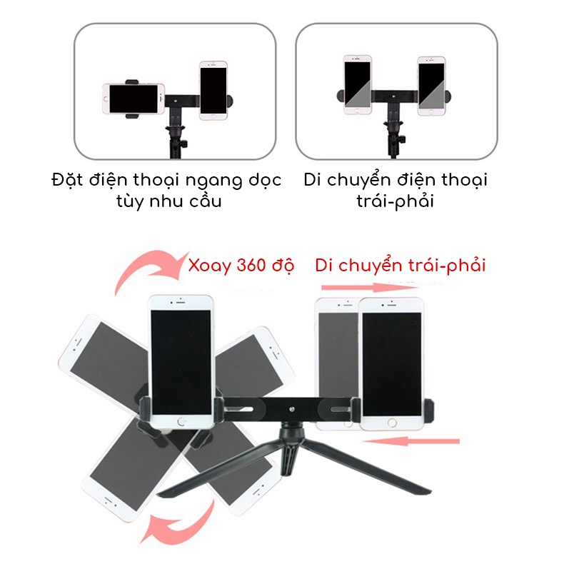Thanh nhôm gắn 2 điện thoại máy ảnh vào chân tripod ren chuẩn 1/4 inch (6mm) - Tặng 2 kẹp