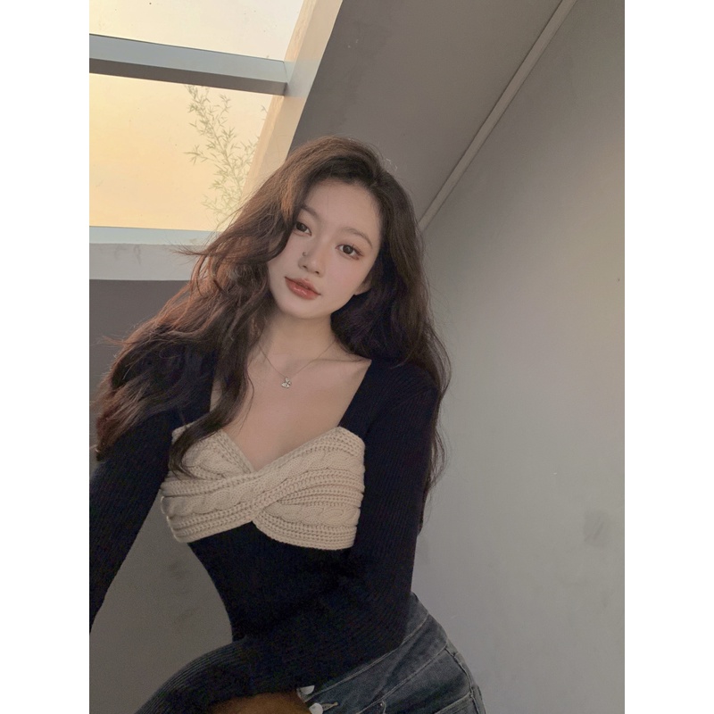 Áo len tay dài cổ vuông màu đen phong cách Hàn Quốc thời trang xinh xắn cho nữ