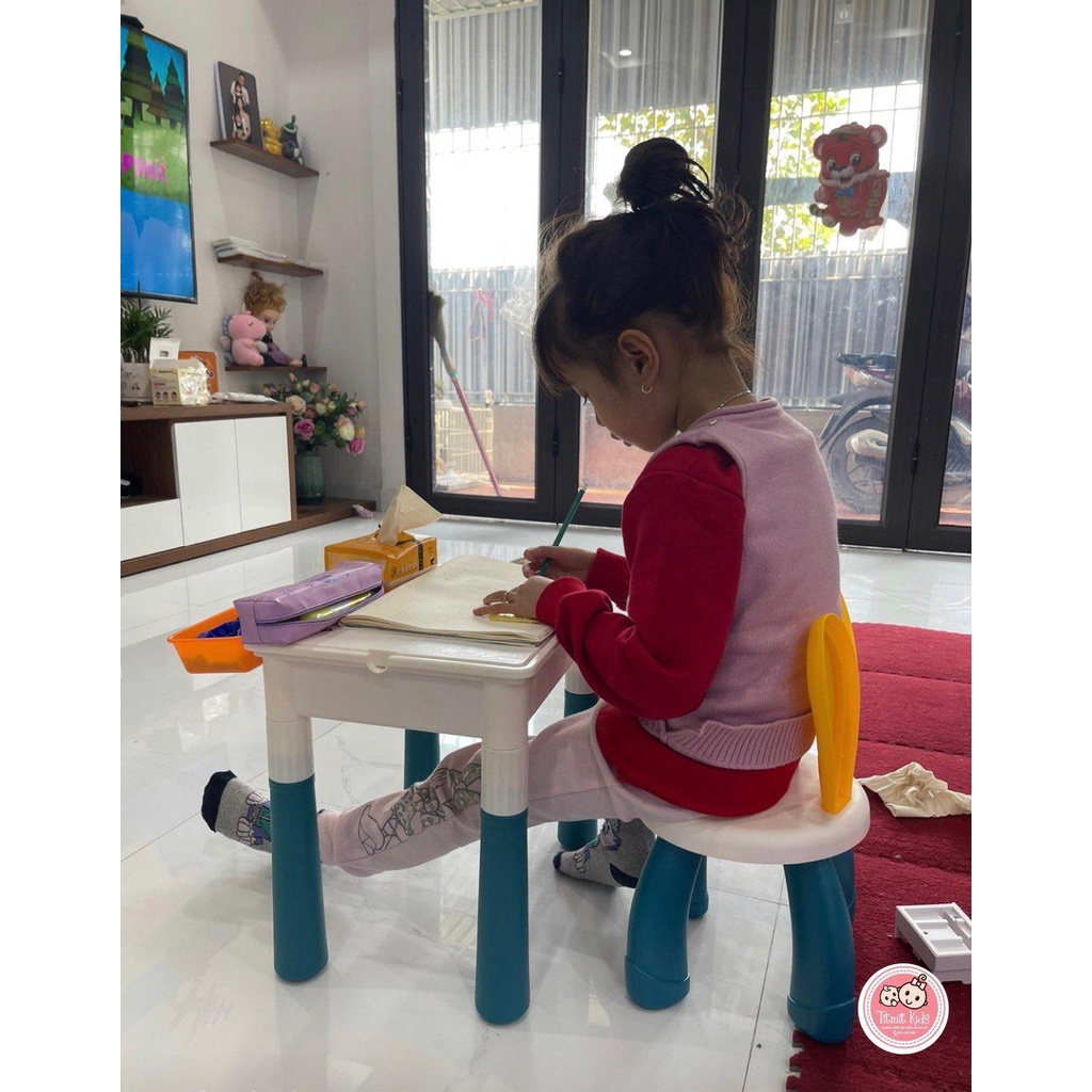Bàn lego cho bé, Bàn lắp ghép đa năng kèm ghế, tặng kèm túi lego lắp ghép 70 chi tiết cho bé dễ dàng tháo lắp