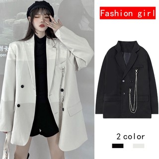 Áo Khoác Dáng Rộng Phối Dây Xích Phong Cách Hàn Quốc Thời Trang Thu Đông Cho Nữ