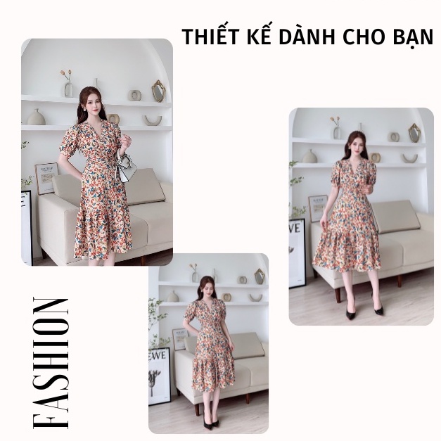 V129 cổ V in họa tiết đầm đuôi cá siêu xinh