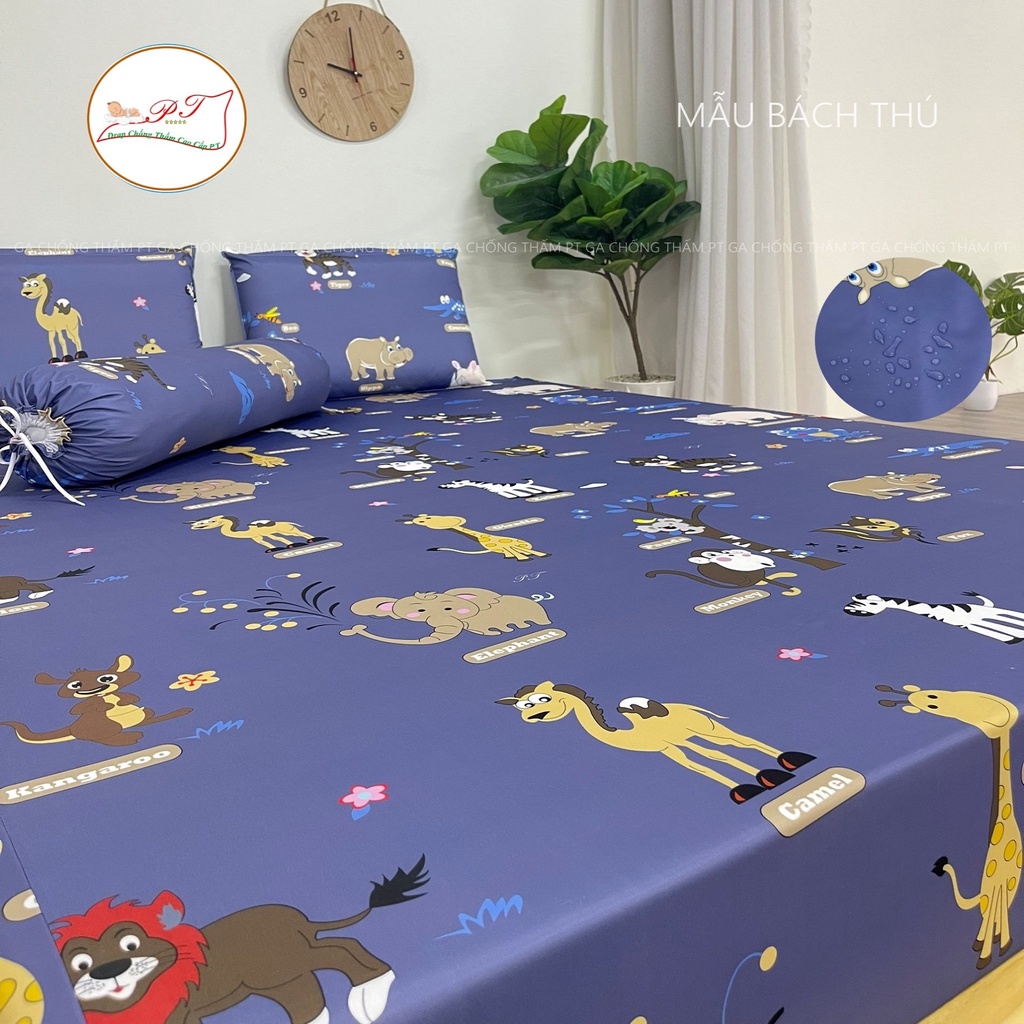 Bộ ga chống thấm cotton cho bé, drap chống thấm nước cao cấp kèm vỏ gối đầu và vỏ gối ôm mềm mịn mát (mẫu bách thú)