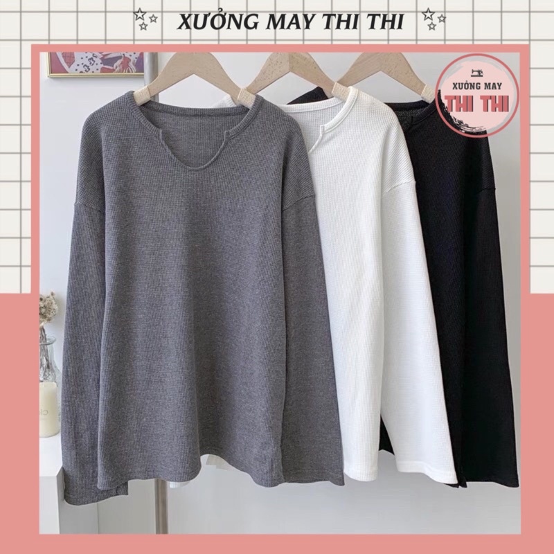 Áo Thun Nữ Cổ Khoét chữ V, Áo Dài Tay Nữ Chất Tổ Ong Dáng Suông Hàn Quốc(có ảnh thật)