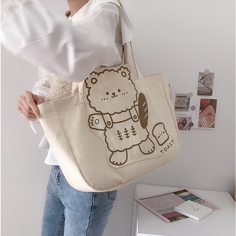 Túi tote vải canvas thời trang hàn quốc đựng đồ đi học đi chơi - gấu bánh mì