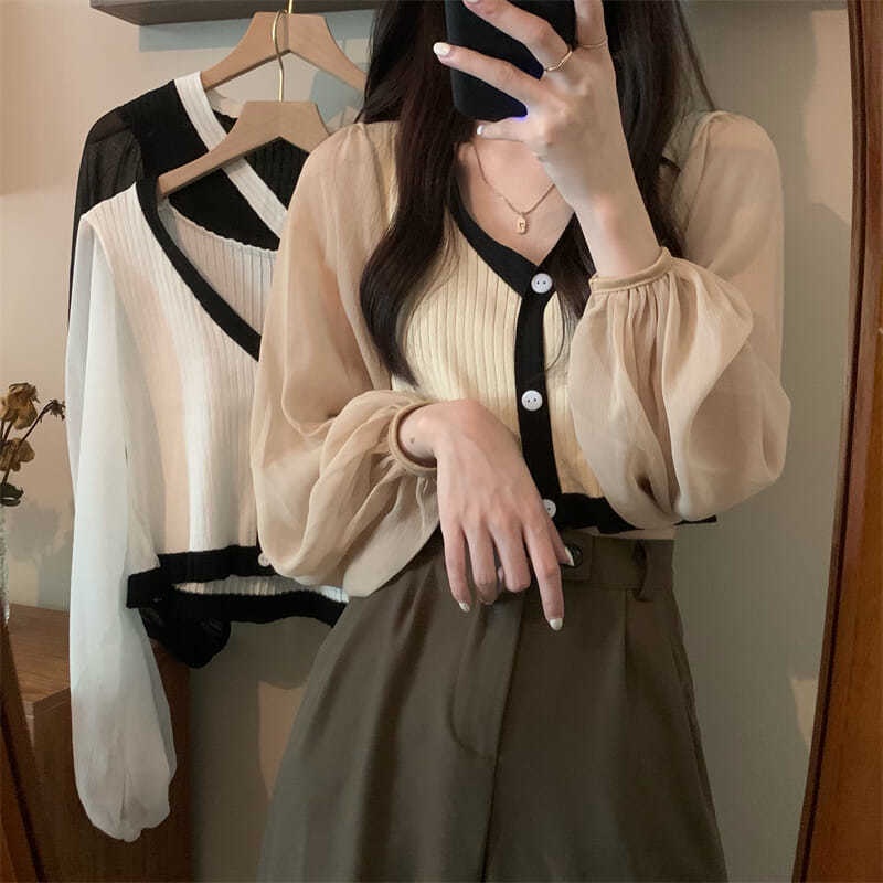 Áo Cardigan Tay Dài Phồng Cổ Chữ V Phối Lưới Họa Tiết Kẻ Sọc Thời Trang Hàn Quốc 2022 Mới Cho Nữ