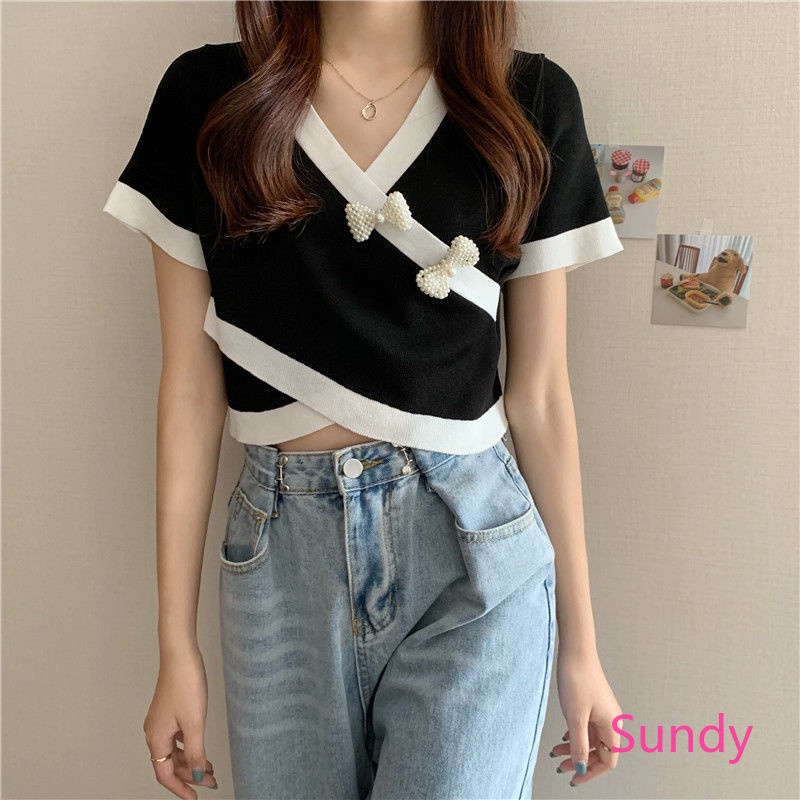 Áo croptop tay ngắn cổ chữ v phối nơ thời trang mùa hè cho nữ