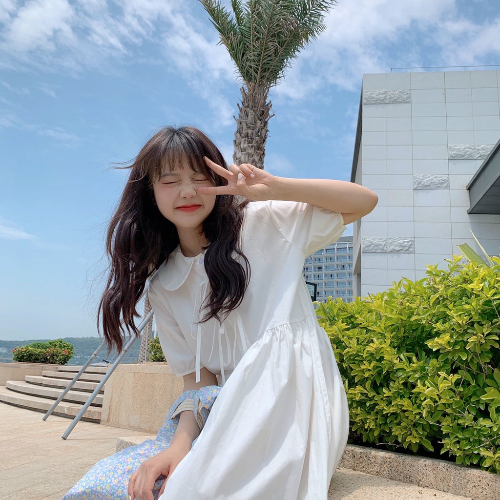 Váy đầm babydoll trắng tay phồng dáng dài babydoll đầm phong cách dễ thương thắt nơ vải thô mát mùa hè